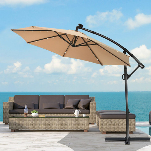 10 ft 360° Rotation Solar Powered LED Patio Offset Umbrella without Weight Base-Beige