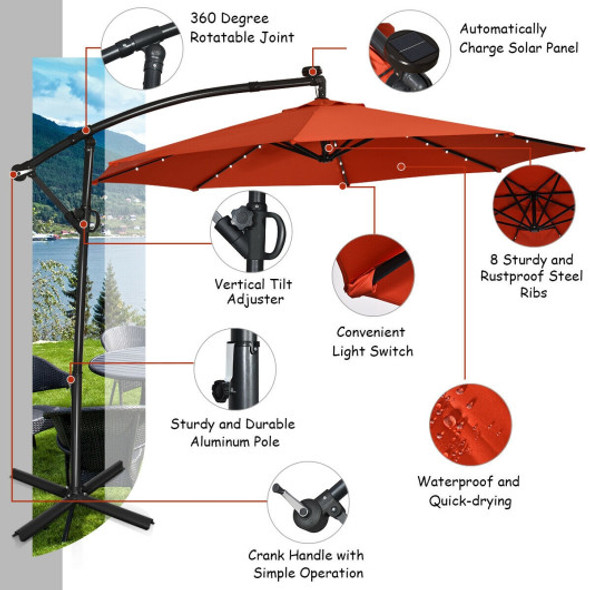 10 ft 360° Rotation Solar Powered LED Patio Offset Umbrella without Weight Base-Orange