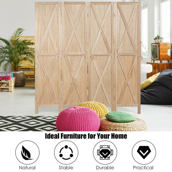 5.6 Ft 4 Panels Folding Wooden Room Divider-Natural