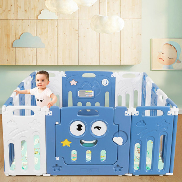 16-Panel Foldable Baby Playpen Kids Activity Centre-Blue