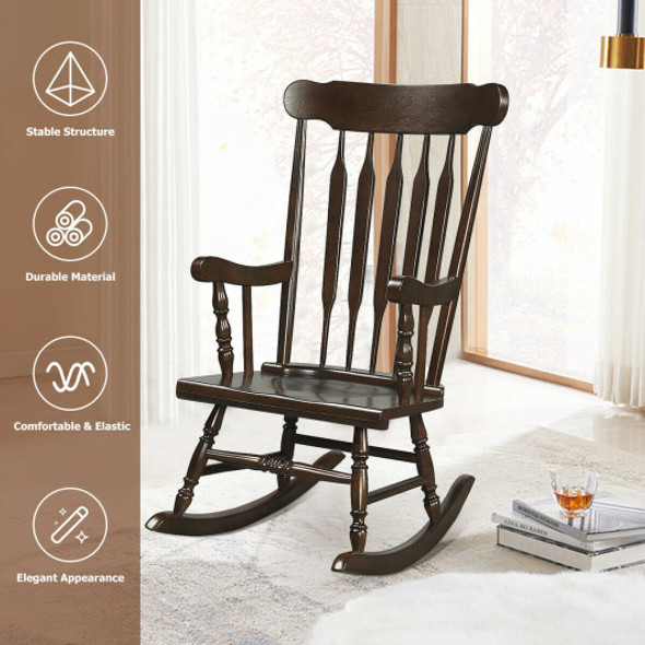 Solid Wood Porch Glossy Finish Rocking Chair-Brown