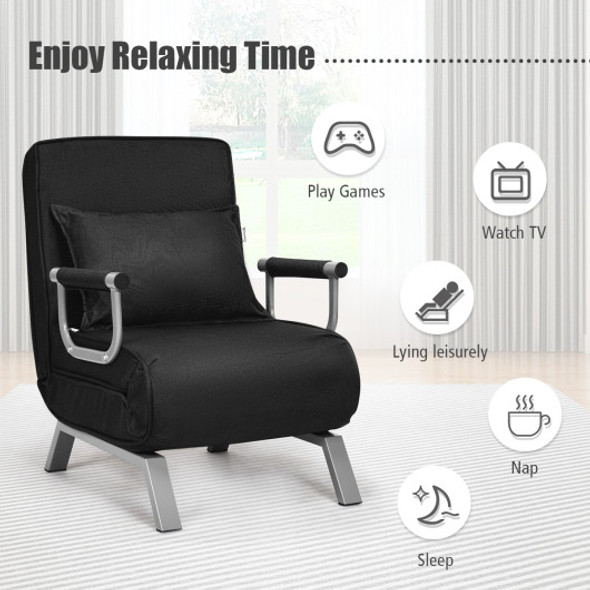 Folding 5 Position Convertible Sleeper Bed Armchair Lounge Couch with Pillow-Black