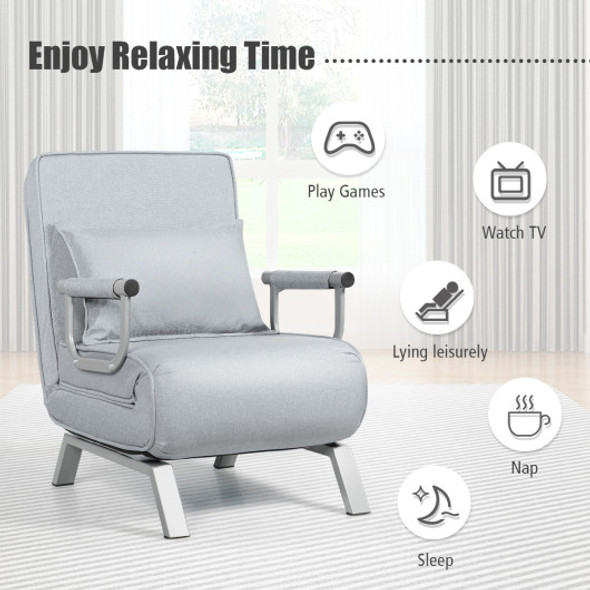 Folding 5 Position Convertible Sleeper Bed Armchair Lounge Couch with Pillow-Light Gray