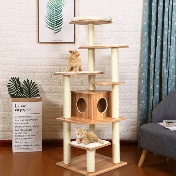 Wood Multi-Layer Platform Cat Tree with Scratch Resistant Rope