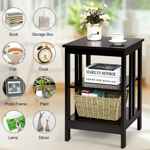 3-tier Side Table Nightstand with Stable Structure-Espresso