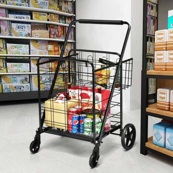 Heavy Duty Folding Utility Shopping Double Cart-Black