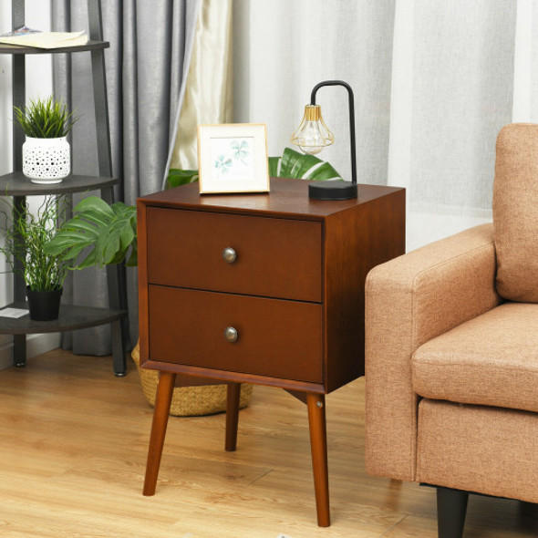 Nightstand Mid-Century End Side Table with 2 Drawers and Rubber Wood Legs-Brown