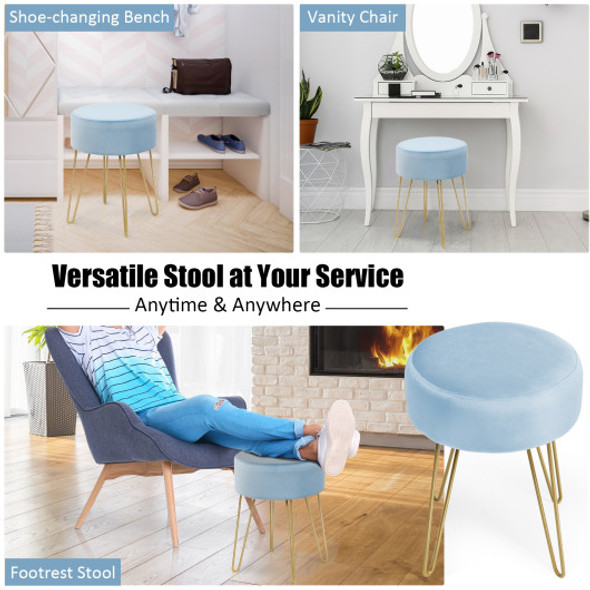 Round Velvet Ottoman Footrest Stool Side Table Dressing Chair with Metal Legs-Blue