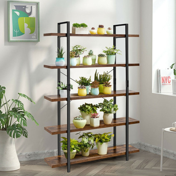 5-Tier Industrial Bookshelf Bookcase Open Storage Shelf Display Rack-Brown