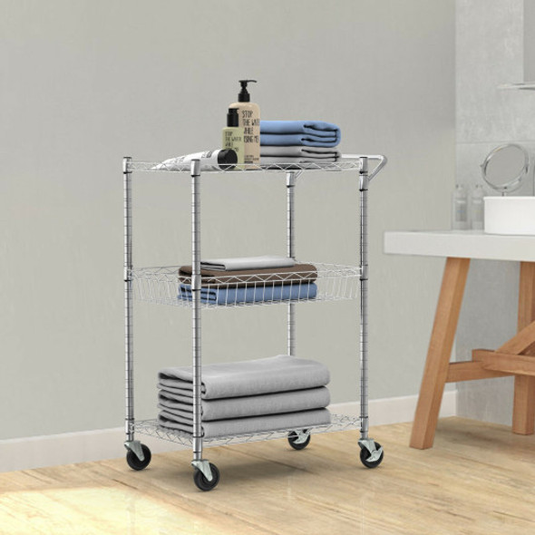 3-Tier Utility Cart Heavy Duty Wire Rolling Cart with Handle Bar Storage Trolley