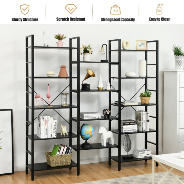 Vintage Triple Wide 5-Tier Bookcase Large Bookshelf Display Storage Shelf-Black