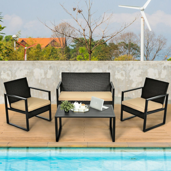 4 Pieces Patio Rattan Furniture Set Cushioned Sofa Coffee Table Garden Deck
