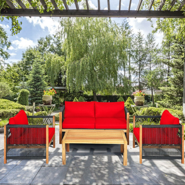 4 Pcs Acacia Wood Outdoor Patio Furniture Set with Cushions-Red