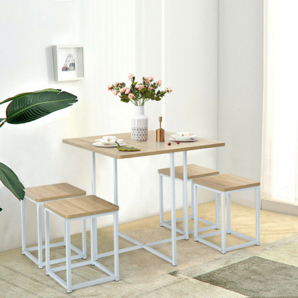 5 Pieces Metal Frame Dining Set with Compact Dining Table and 4 Stools -Natural