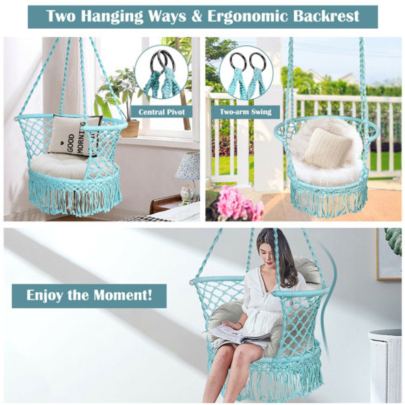 Hanging Hammock Chair Macrame Swing Hand Woven Cotton Backrest-Turquoise