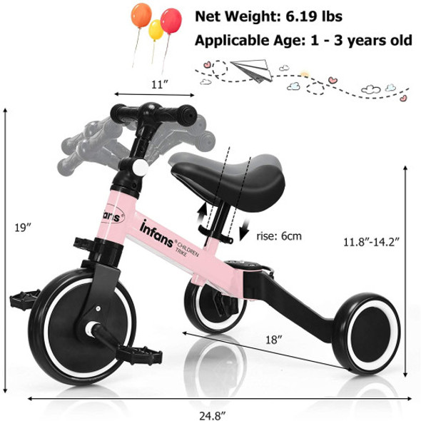 3 in 1 3 Wheel Kids Tricycles with Adjustable Seat and Handlebarfor Ages 1-3-Pink