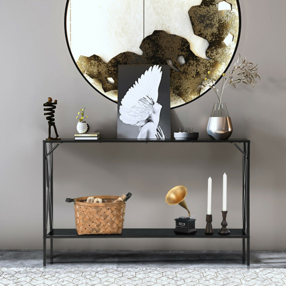 2 Tier Narrow Accent Side Entryway Metal Frame Console Table -Black