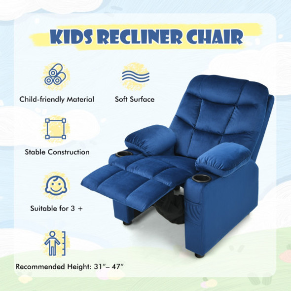 Adjustable Lounge Chair with Footrest and Side Pockets for Children-Blue