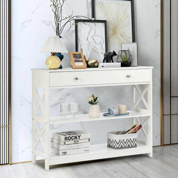 Console Accent Table with Drawer and Shelves -White