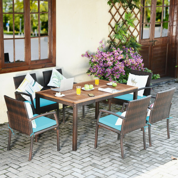 7Pcs Patio Rattan Cushioned Dining Set with Umbrella Hole-Turquoise