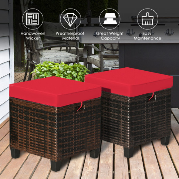 2Pcs Patio Rattan Ottoman Cushioned Seat-Red