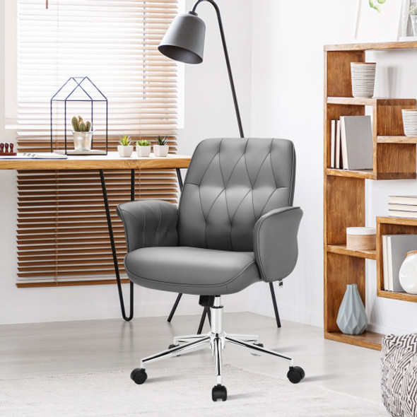 Modern Home Office Leisure Chair PU Leather Adjustable Swivel with Armrest-Gray