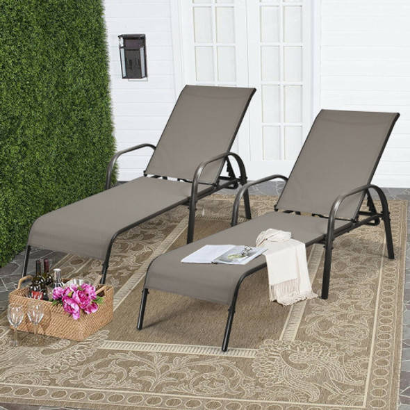 2 Pcs Outdoor Patio Lounge Chair Chaise Fabric with Adjustable Reclining Armrest-Brown