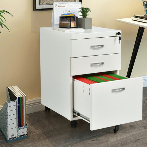 3-Drawer Mobile File Cabinet Steel with Lock Handle-White