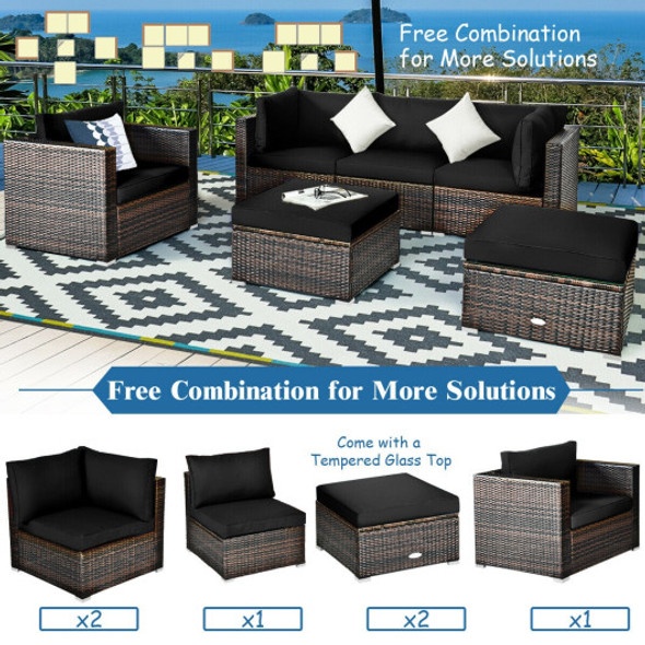 6 Pcs Patio Rattan Furniture Set with Sectional Cushion-Black