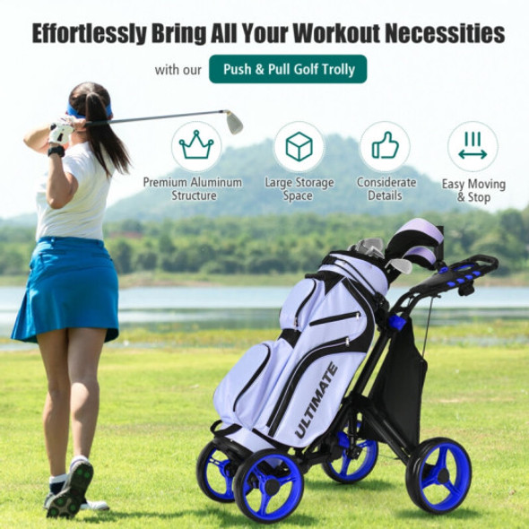Lightweight Foldable Collapsible 4 Wheels Golf Push Cart-Blue
