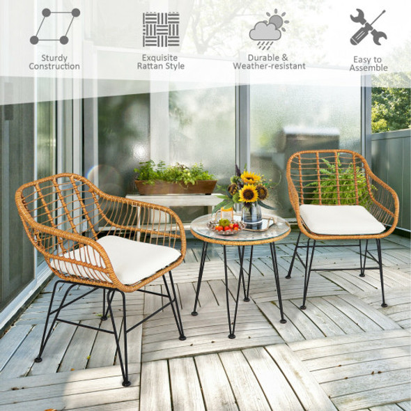 3 Pieces Rattan Furniture Set with Cushioned Chair Table-White