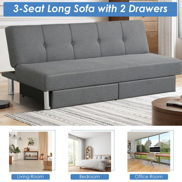 Convertible Futon Sofa Bed Adjustable Couch Sleeper with Two Drawers Grey