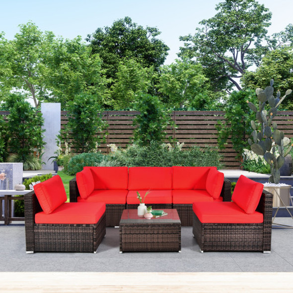 6 Pieces Patio Rattan Furniture Set with Cushions and Glass Coffee Table-Red