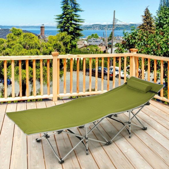 Folding Camping Cot with Side Storage Pocket Detachable Headrest-Green