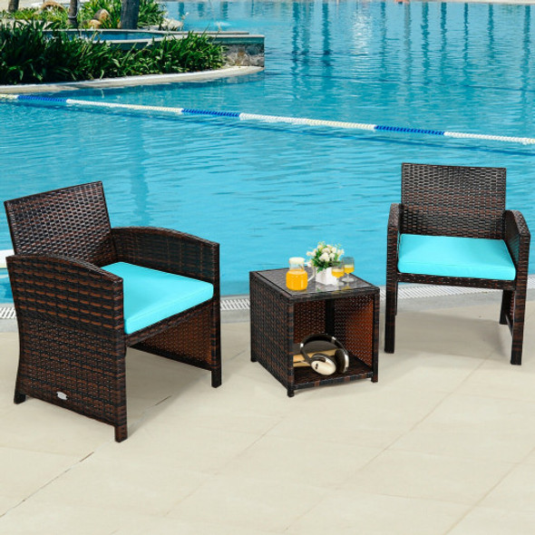 3 Pieces PE Rattan Wicker Furniture Set with Cushion Sofa Coffee Table for Garden-Turquoise