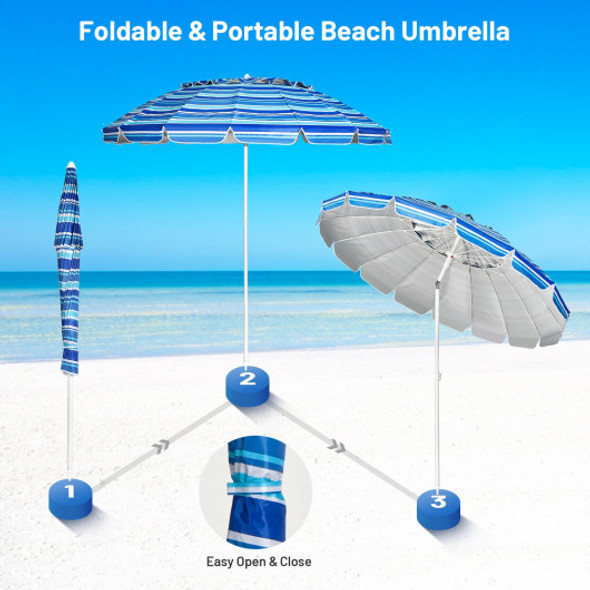 8FT Portable Beach Umbrella with Sand Anchor and Tilt Mechanism for Garden and Patio-Navy