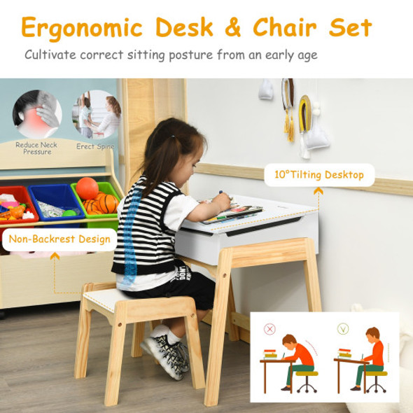 Children Activity Art Study Desk and Chair Set with Large Storage Space for Kids Homeschooling-White