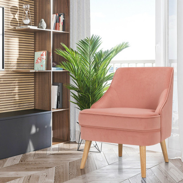 Velvet Upholstered Accent Chair with Rubber Wood Legs-Pink