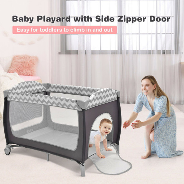 3 in 1 Portable Baby Playard with Zippered Door and Toy Bar-Gray