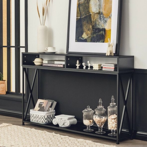 Console Table with Open Shelf and Storage Compartments Steel Frame-Black