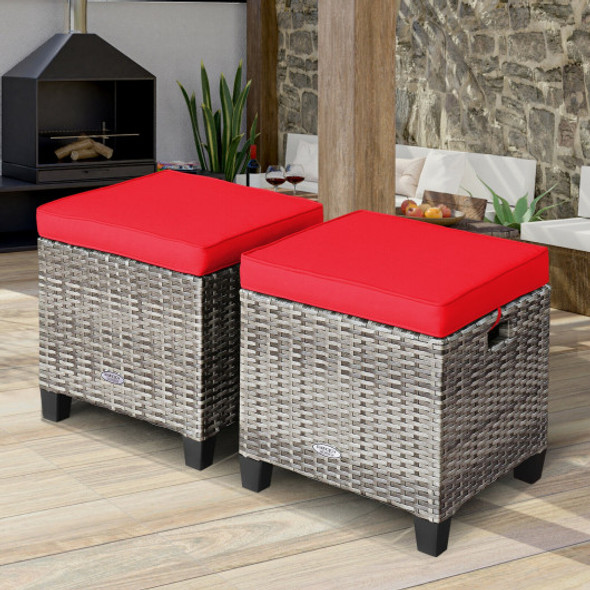 2PCS Patio Rattan Wicker Ottoman Seat with Removable Cushions-Red