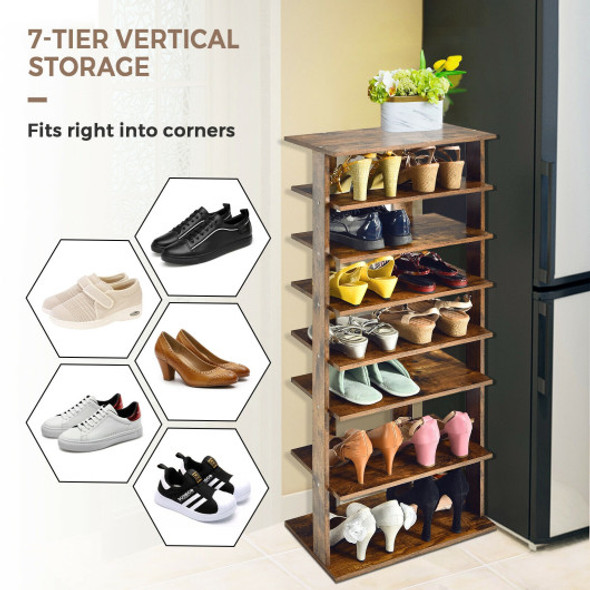 7-Tier Dual 14 Pair Shoe Rack Free Standing Concise Shelves Storage-Brown