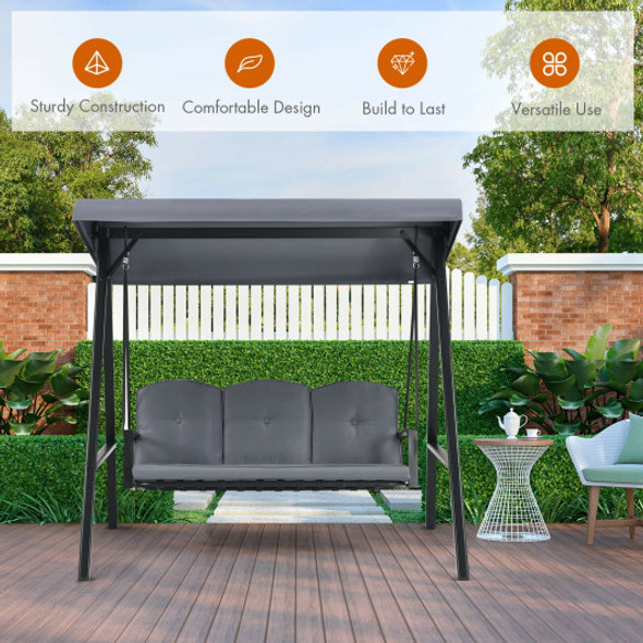 Outdoor 3-Seat Porch Swing with Adjust Canopy and Cushions-Gray