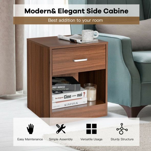 Modern Nightstand with Storage Drawer and Cabinet-Brown