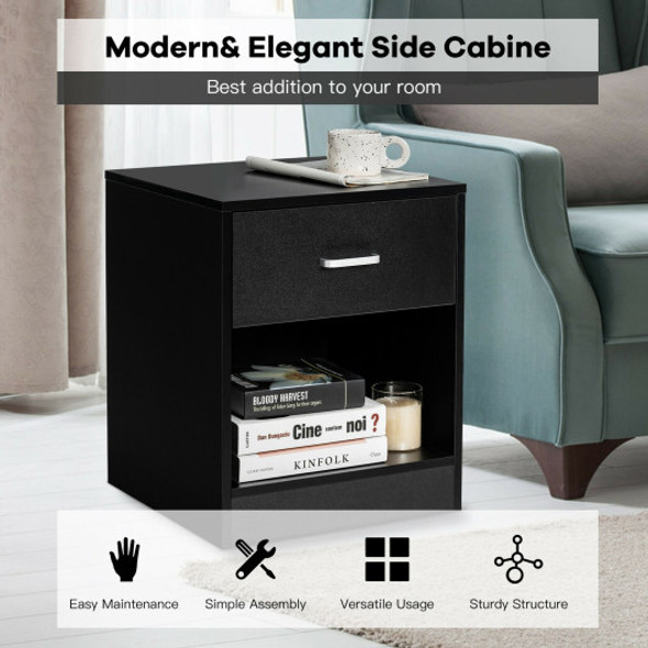 Modern Nightstand with Storage Drawer and Cabinet-Black