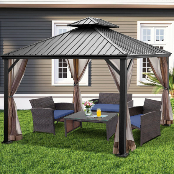 12 x 10 Feet Hardtop Gazebo 2-tier Outdoor Galvanized Steel Canopy-Brown