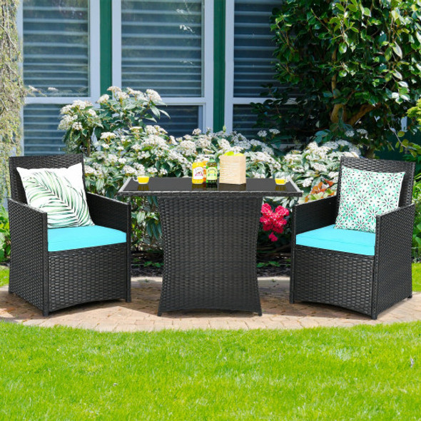 3 Pieces Patio Rattan Furniture Set with Cushion and Sofa Armrest-Turquoise