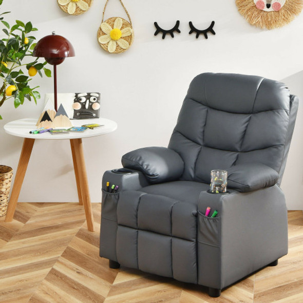 PU Leather Kids Recliner Chair with Cup Holders and Side Pockets-Gray