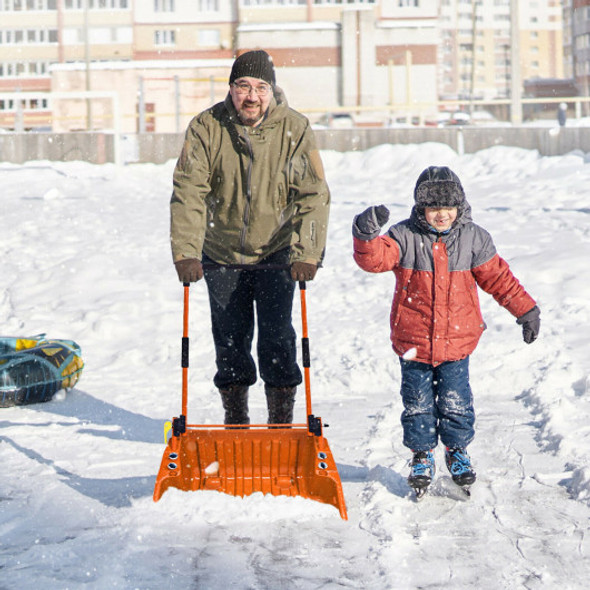 Folding Snow Pusher Scoop Shovel with Wheels and Handle-Orange