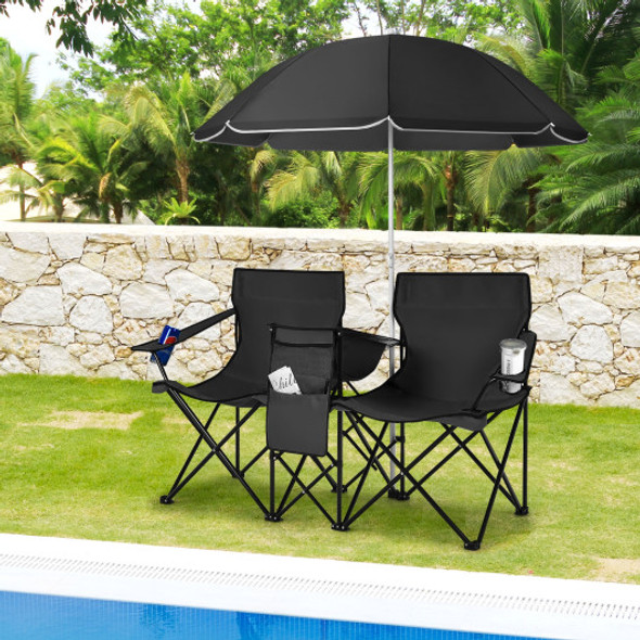 Portable Folding Picnic Double Chair With Umbrella-Black